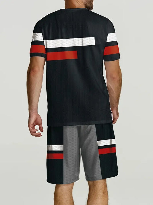 Conjunto de 2 peças de lazer de verão masculino, camiseta masculina de manga curta, gola redonda e shorts com cordão
