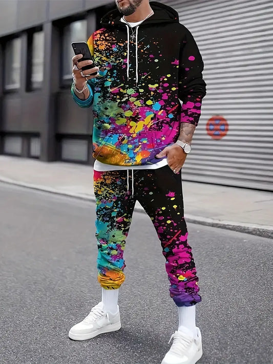 Conjunto masculino de 2 peças com capuz e jogger Paint Splatter – Loungewear aconchegante